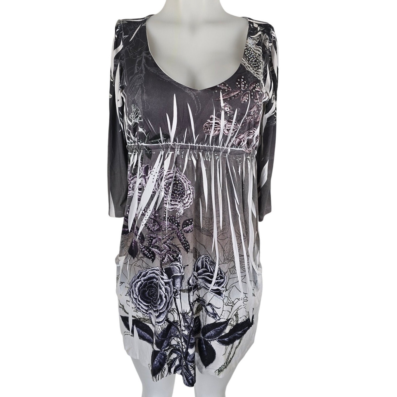 Vocal Black Gray White Floral Front Pocket Dress Women's Small